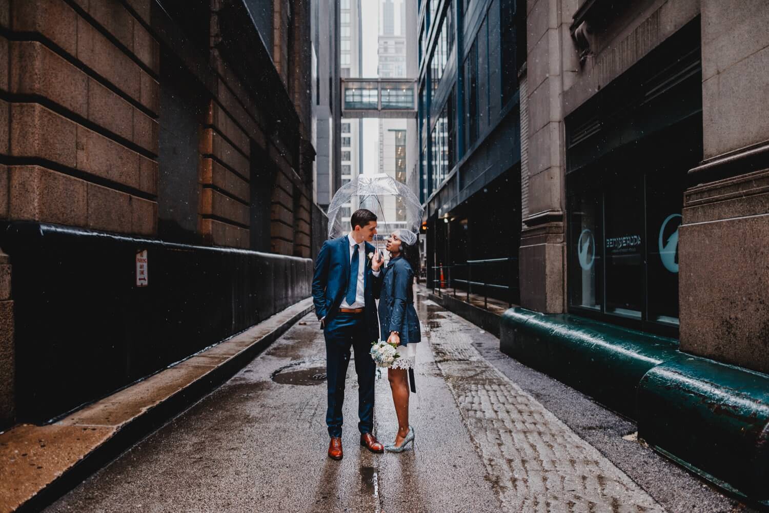Chicago City Hall Wedding Photographer - The Adamkovi, ally photo with cute umbrella, bride and groom, mixed couple