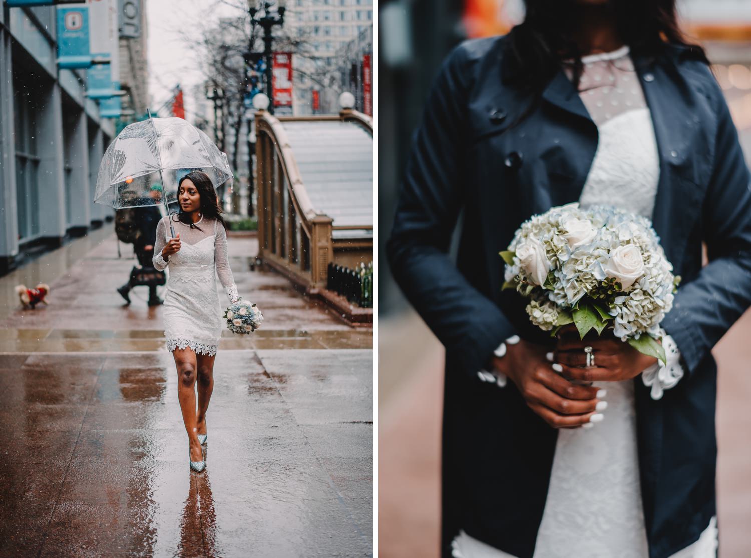 Chicago City Hall Wedding Photographer - The Adamkovi, bride under a clear umbrella,
