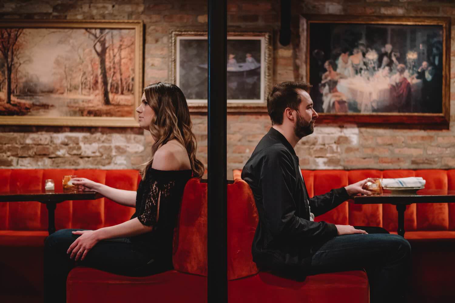 Downtown Chicago Engagement creative photo in a bar