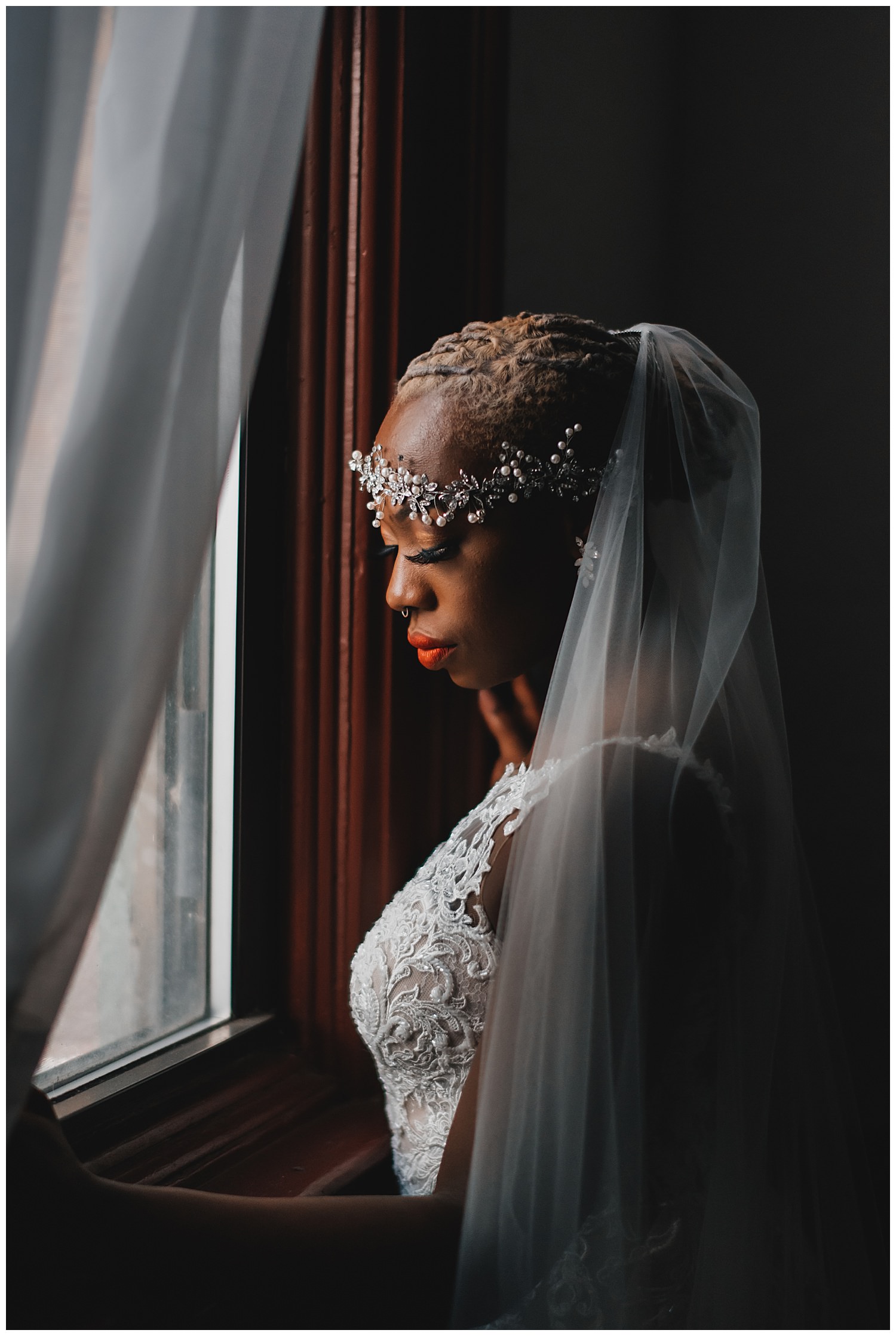Keith House Chicago Wedding, The Adamkovi, bride by a window curtains