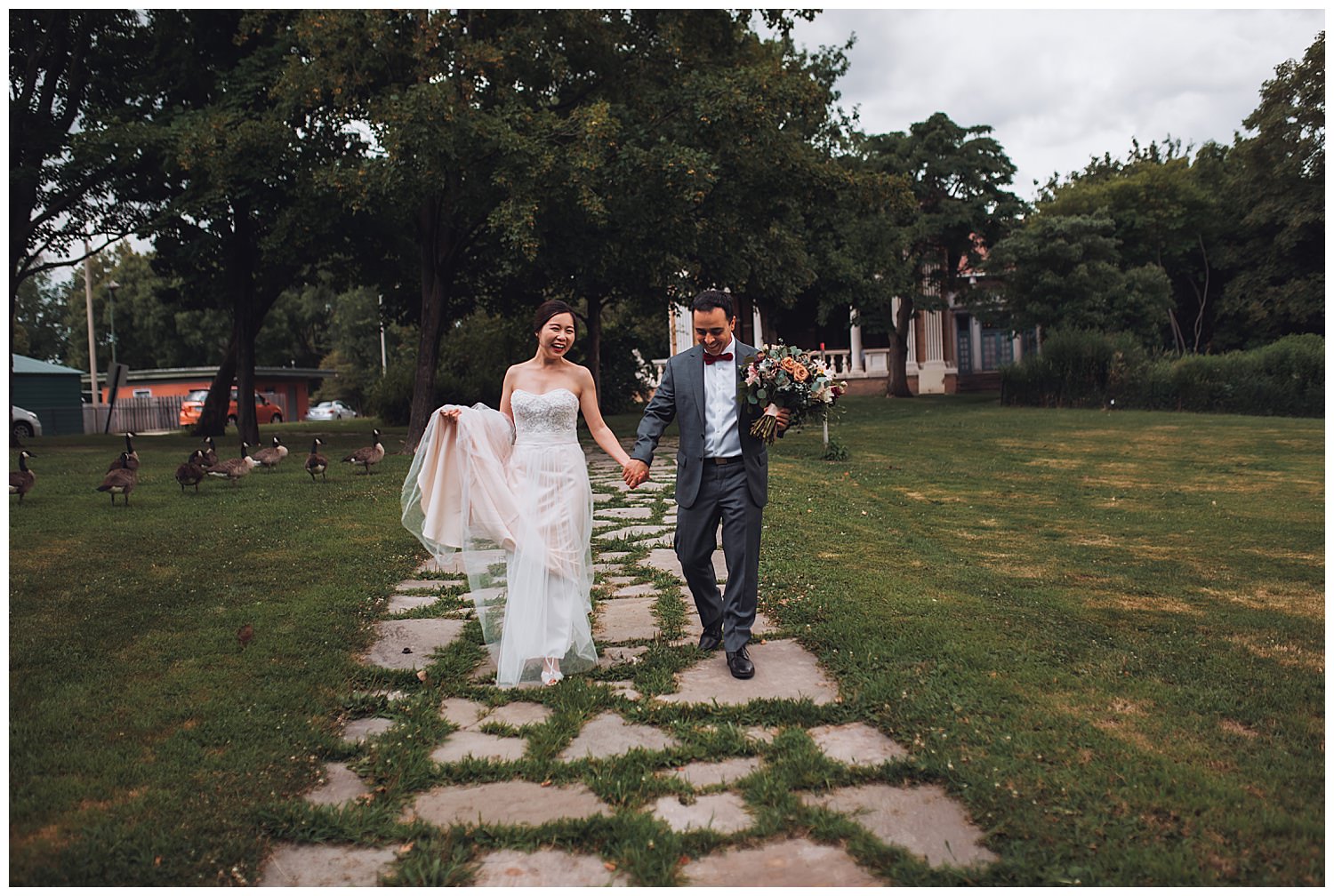 Columbus Park Refectory Wedding, garden bride and groom walking