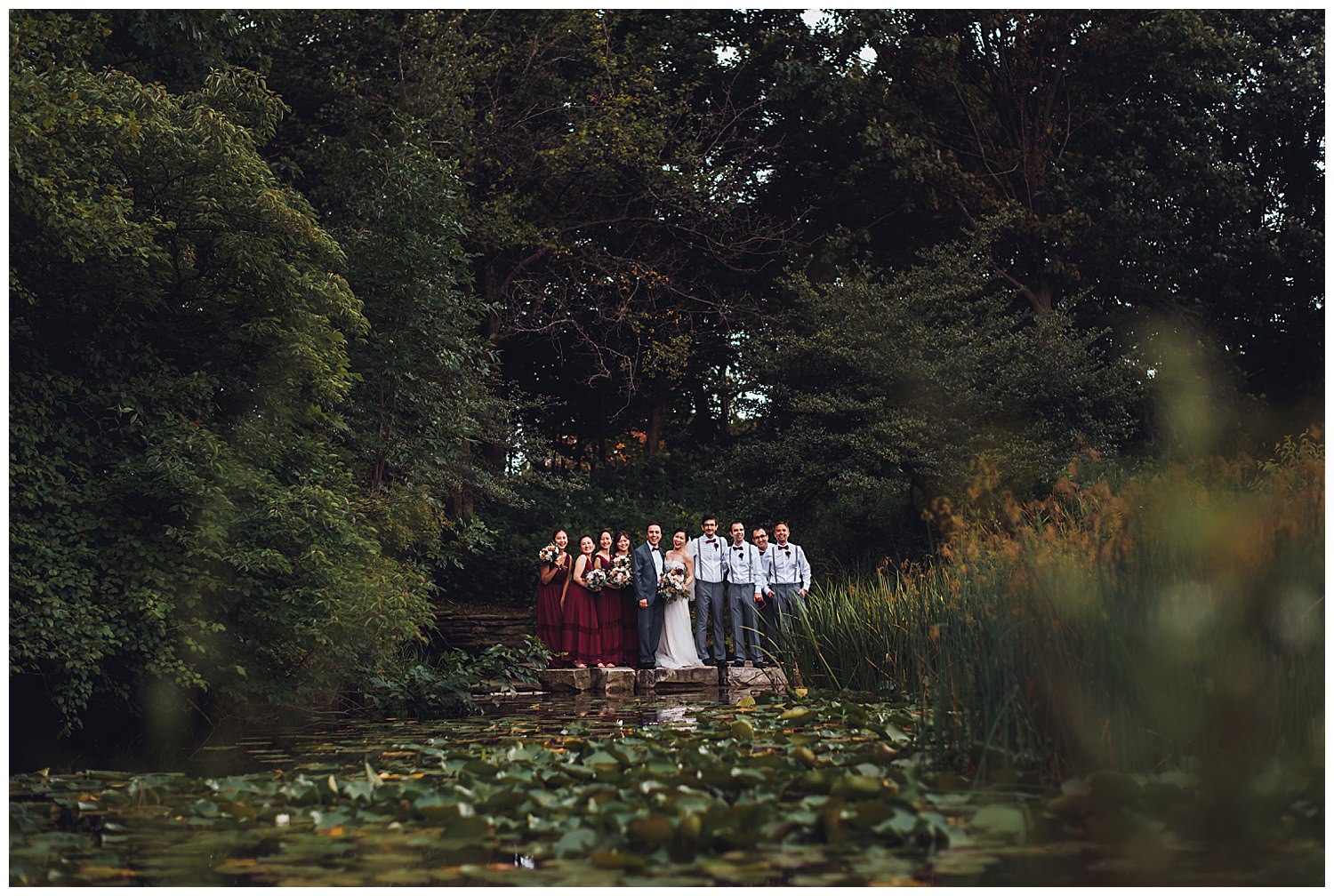 Columbus Park Refectory Wedding, photo of a bridal party overlooking a pond