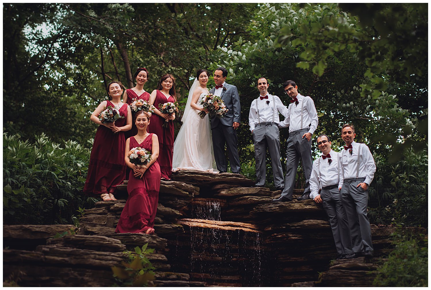 Columbus Park Refectory Wedding, bridal party by a waterfall