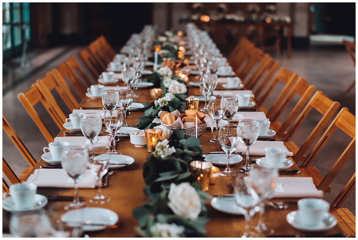 Columbus Park Refectory Wedding, reception space details, table setting, greenery