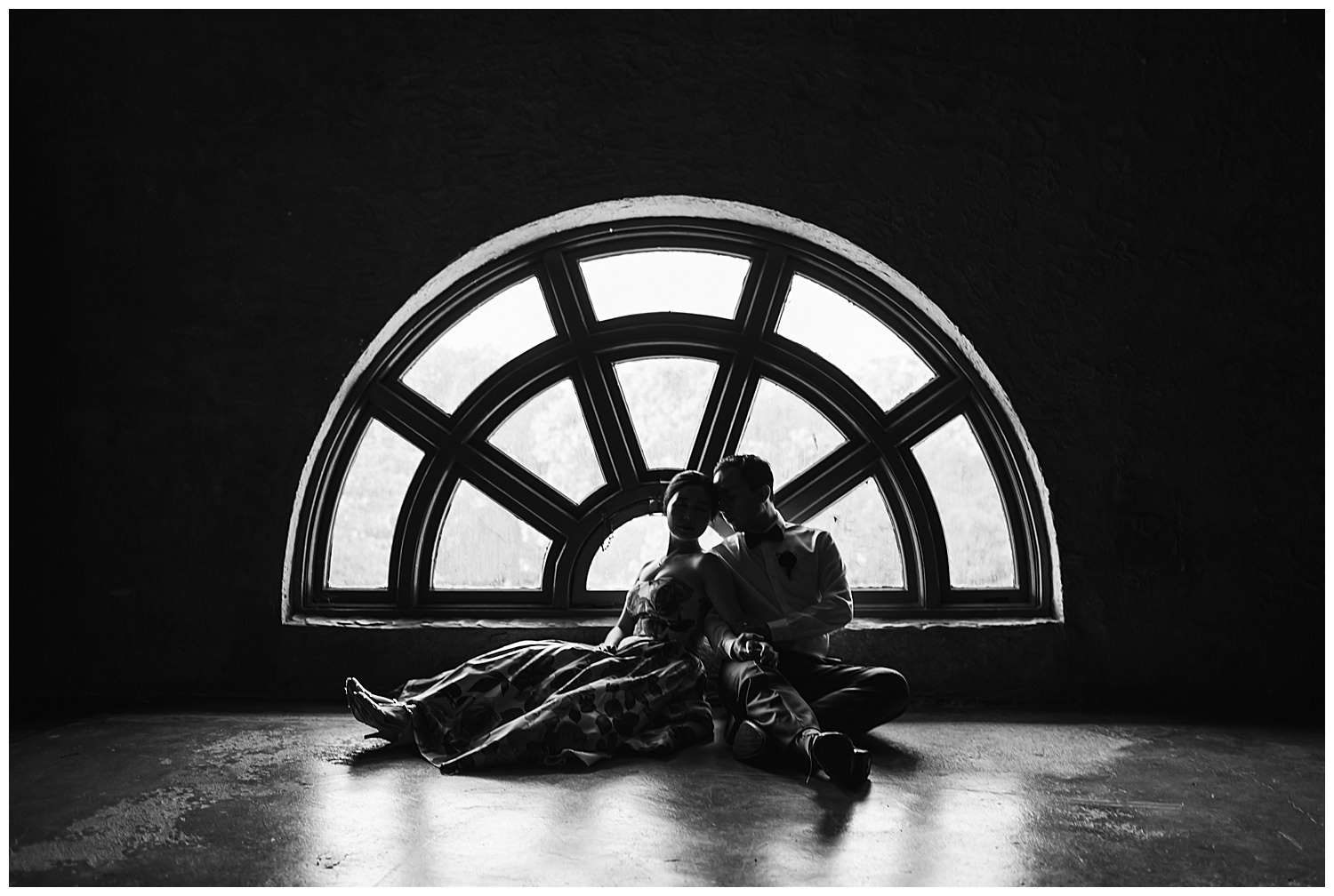 Columbus Park Refectory Wedding, epic photo of bride and groom in front of a round large window