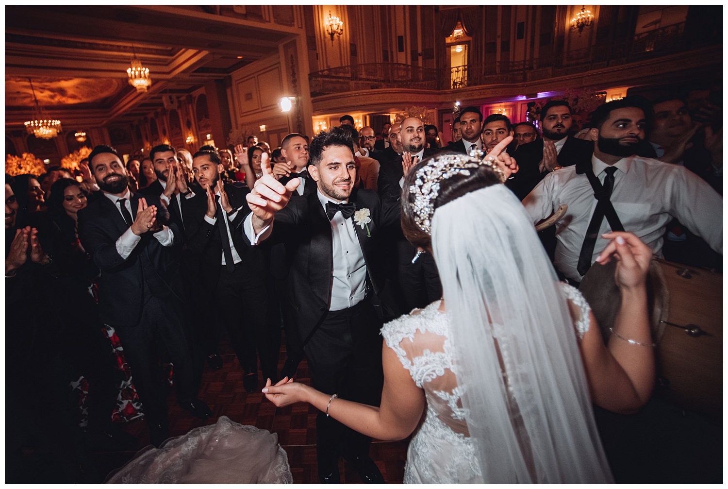 Arabic wedding Palmer house chicago, zaffa dance party bride and groom