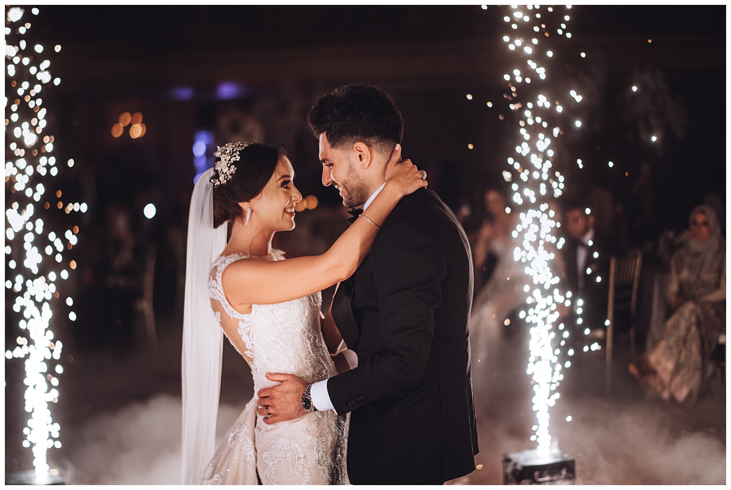 Arabic wedding Palmer house chicago, zsmoke and fireworks, sparklers first dance