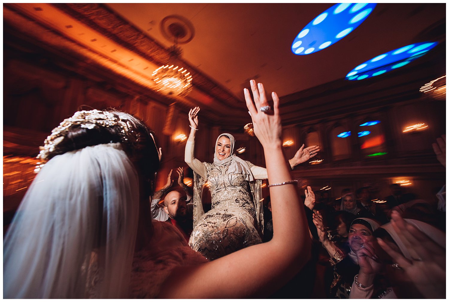 Arabic wedding Palmer house chicago, zaffa dance party bride and groom