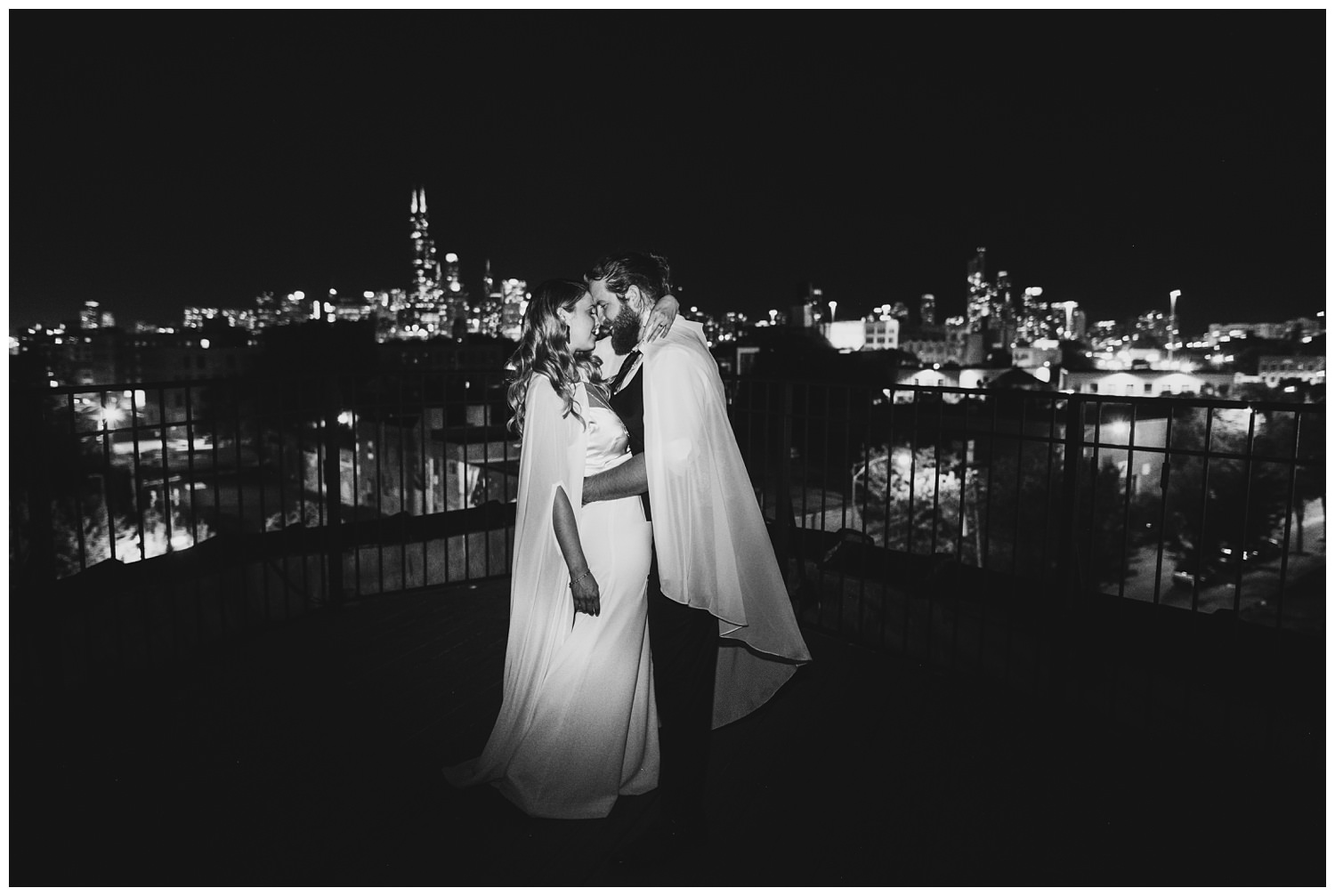 Lacuna Lofts Chicago Wedding Photography - The Adamkovi, bride with a cape, bride and groom night rooftop portraits