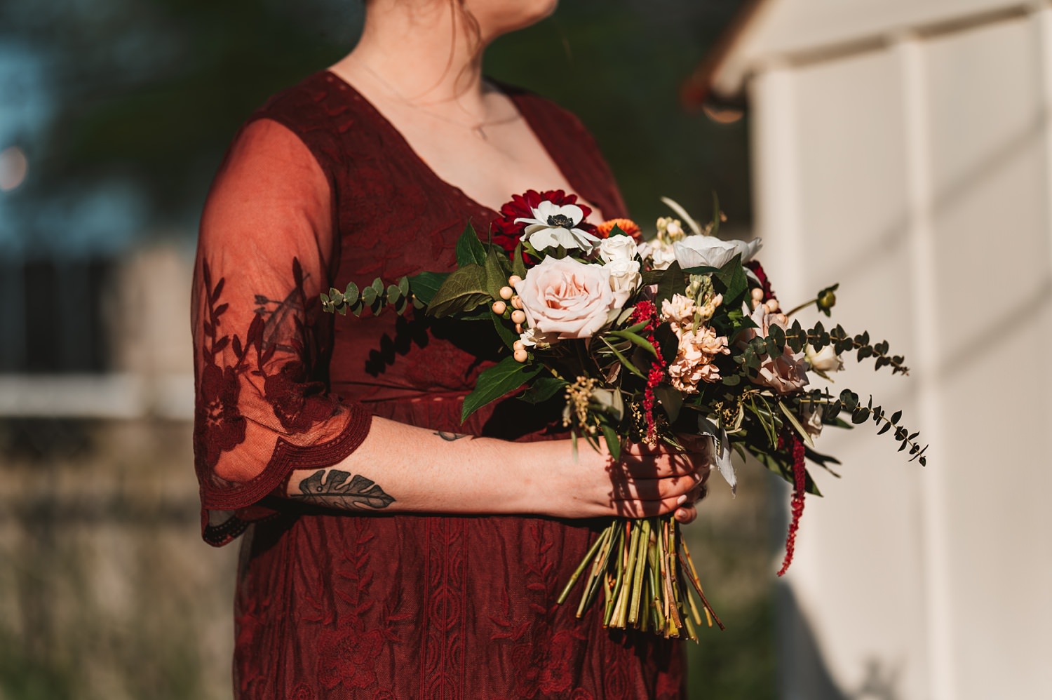Pandemic Backyard Micro Wedding - The Adamkovi tattoos bride, flowers, bouquet