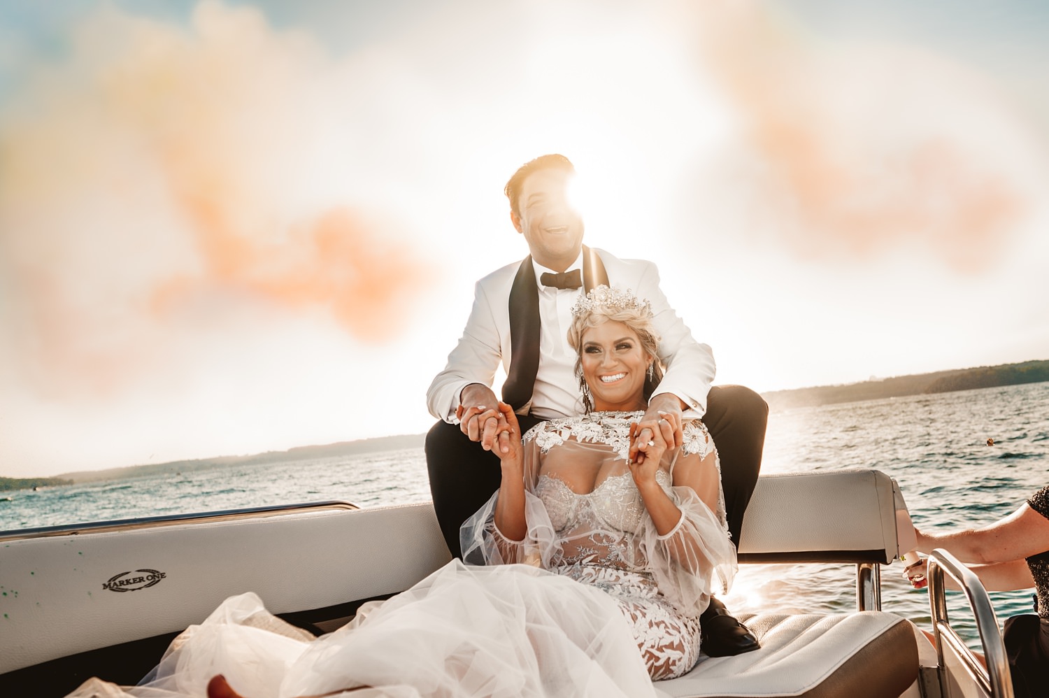 Lake Geneva Micro Wedding - The Adamkovi ceremony on deck smoke bombs on a boat