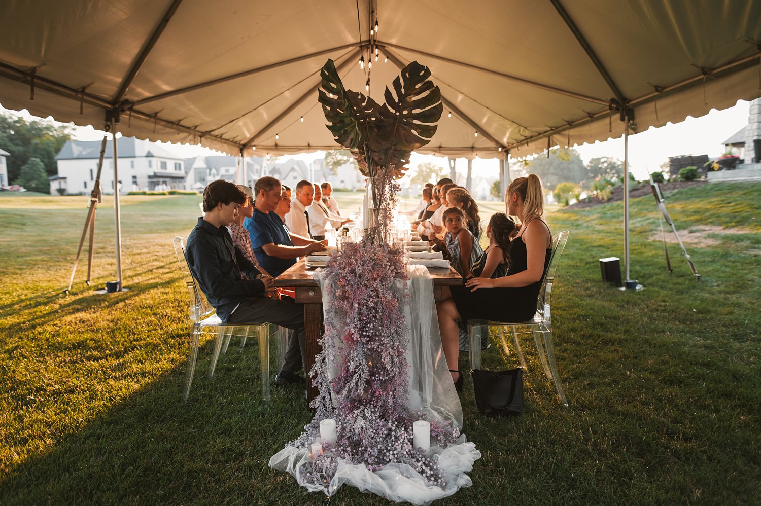 Lake Geneva Micro Wedding - The Adamkovi table set up tent reception garden, purple reception