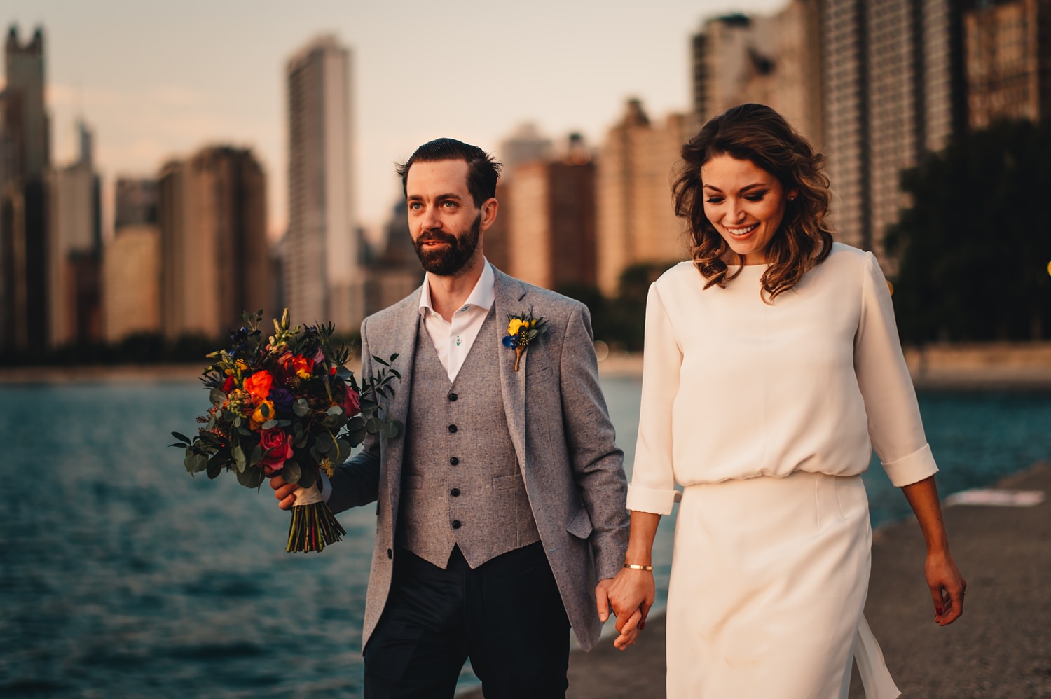 Sunrise Chicago Wedding - The Adamkovi, bride and groom creative portraits