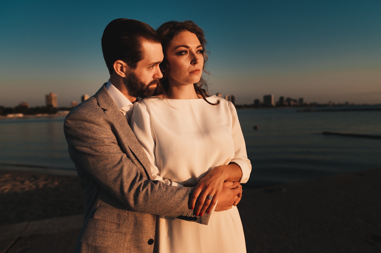 Sunrise Chicago Wedding - The Adamkovi, bride and groom creative portraits, Lake Michigan