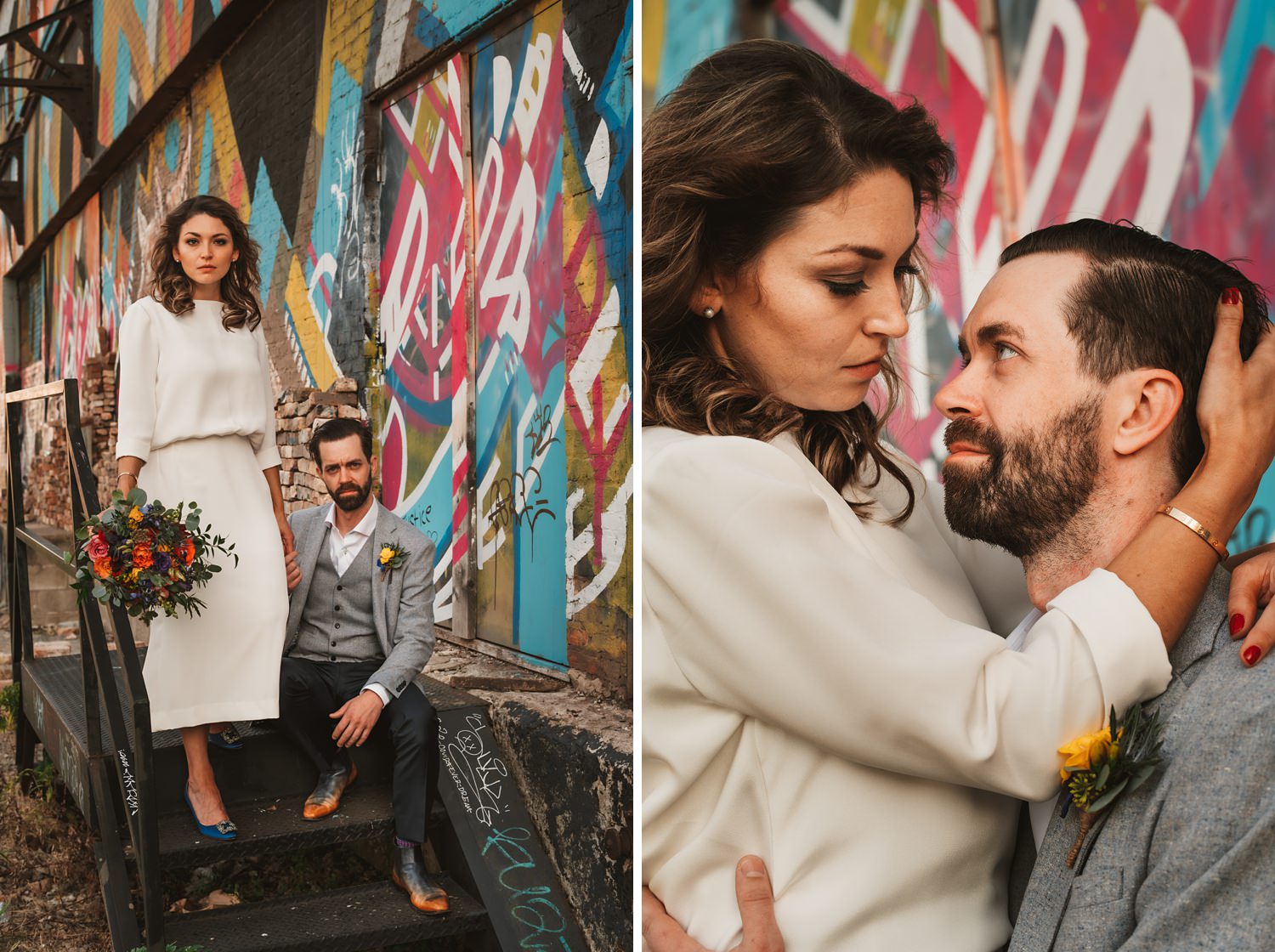 Sunrise Chicago Wedding - The Adamkovi, bride and groom creative portraits, Fulton Market, graffiti, industrial,