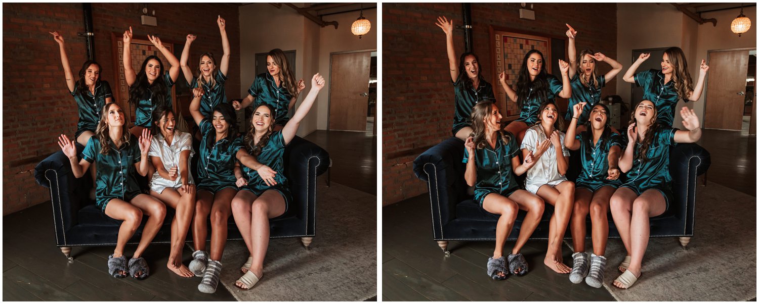 Fairlie Chicago Wedding getting ready bridesmaids couch