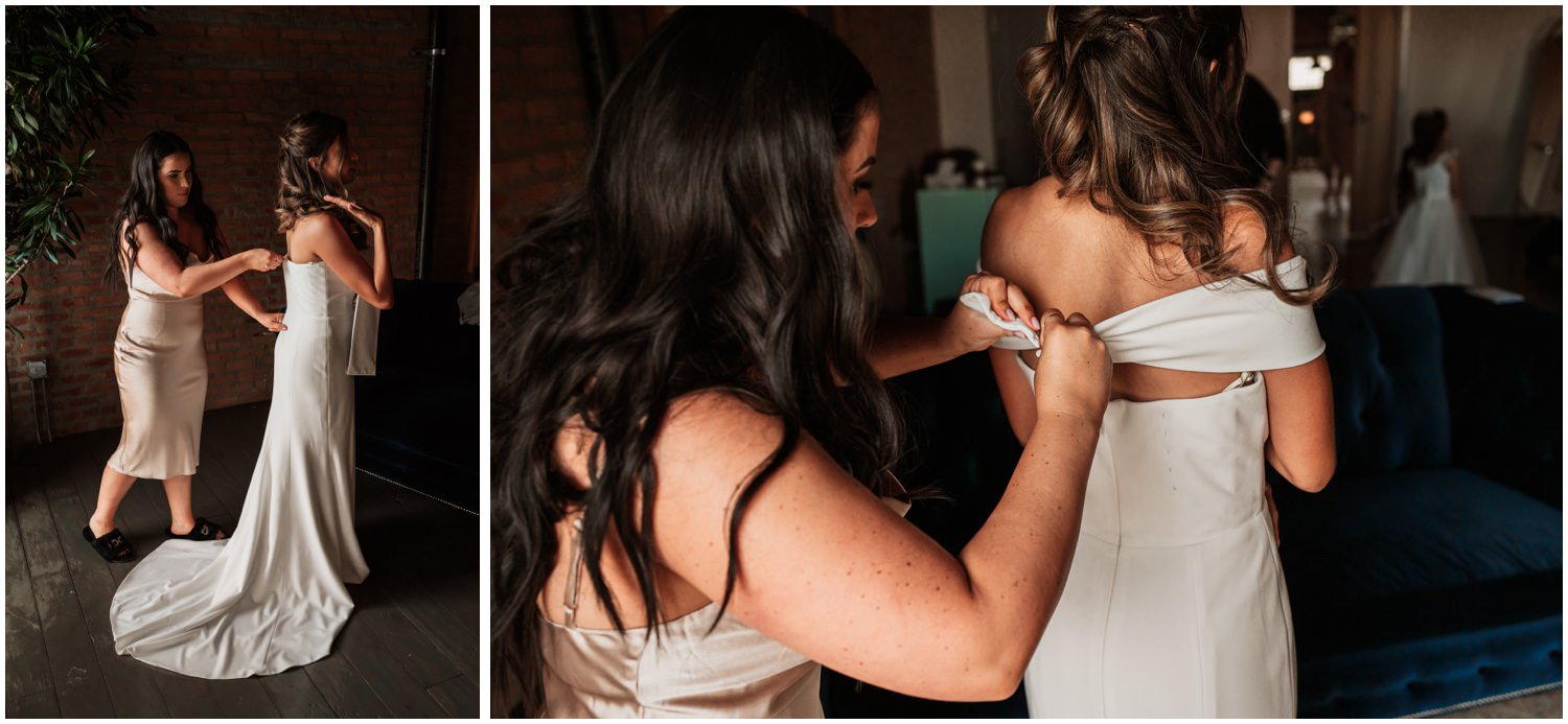 Fairlie Chicago Wedding getting ready bridesmaids helping bride to get ready