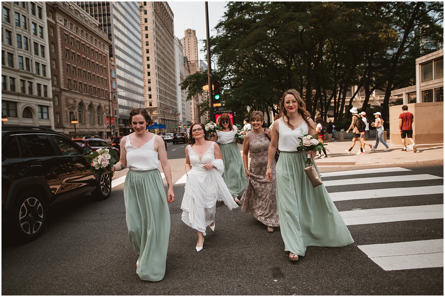 bridesmaids on the streets of Chicago
