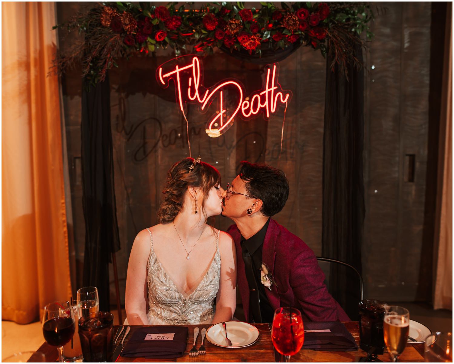 Ovation Chicago Wedding Photos - till death neon sign bride and groom kiss