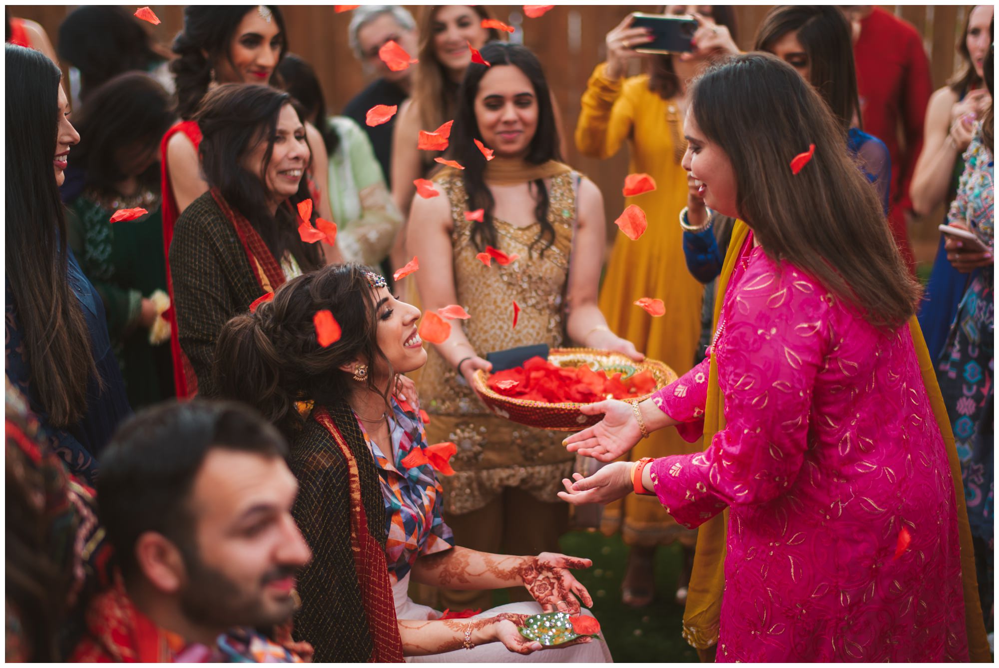 flower petal blessing at Sangeet, Indian wedding