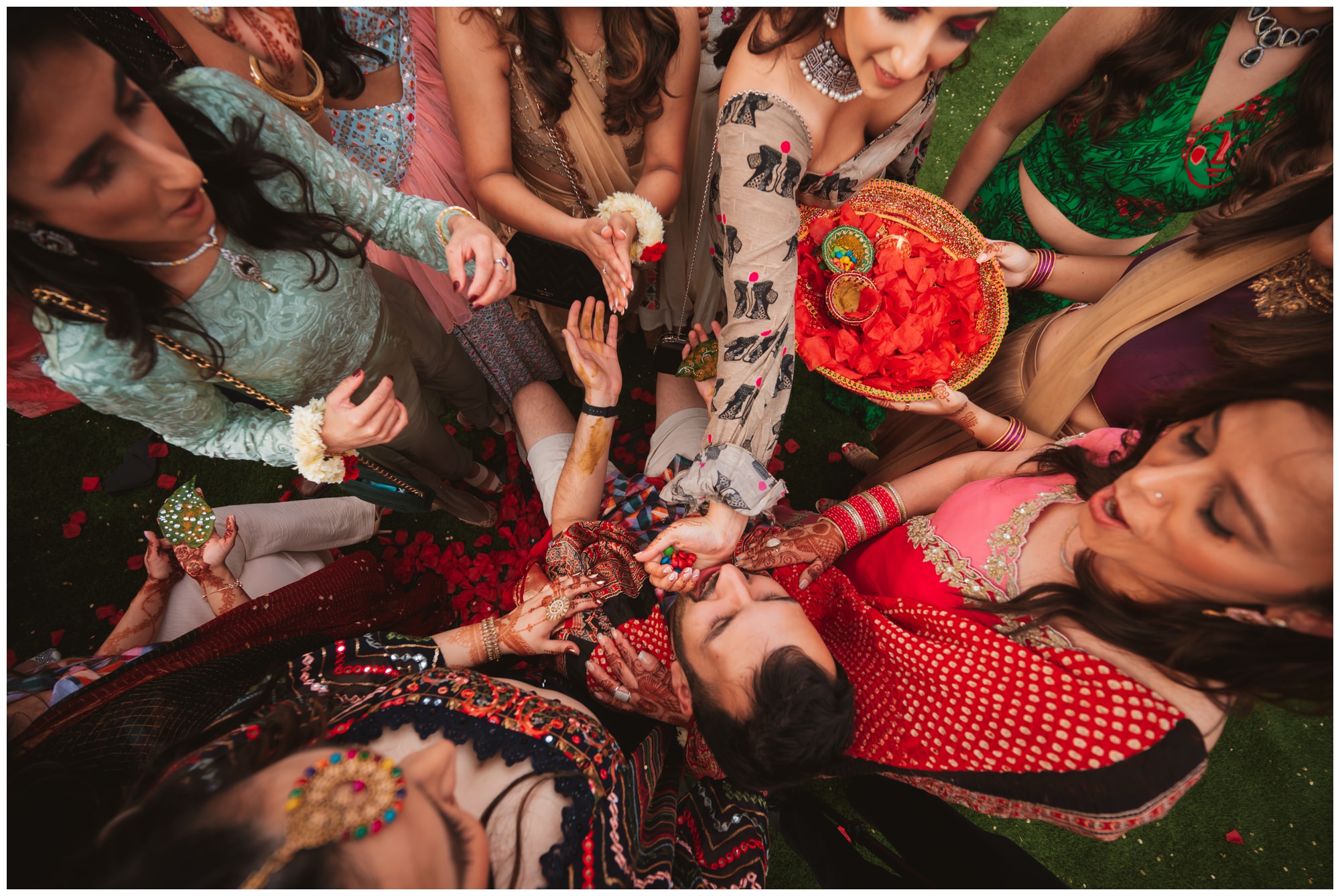 flower petal blessing at Sangeet, Indian wedding