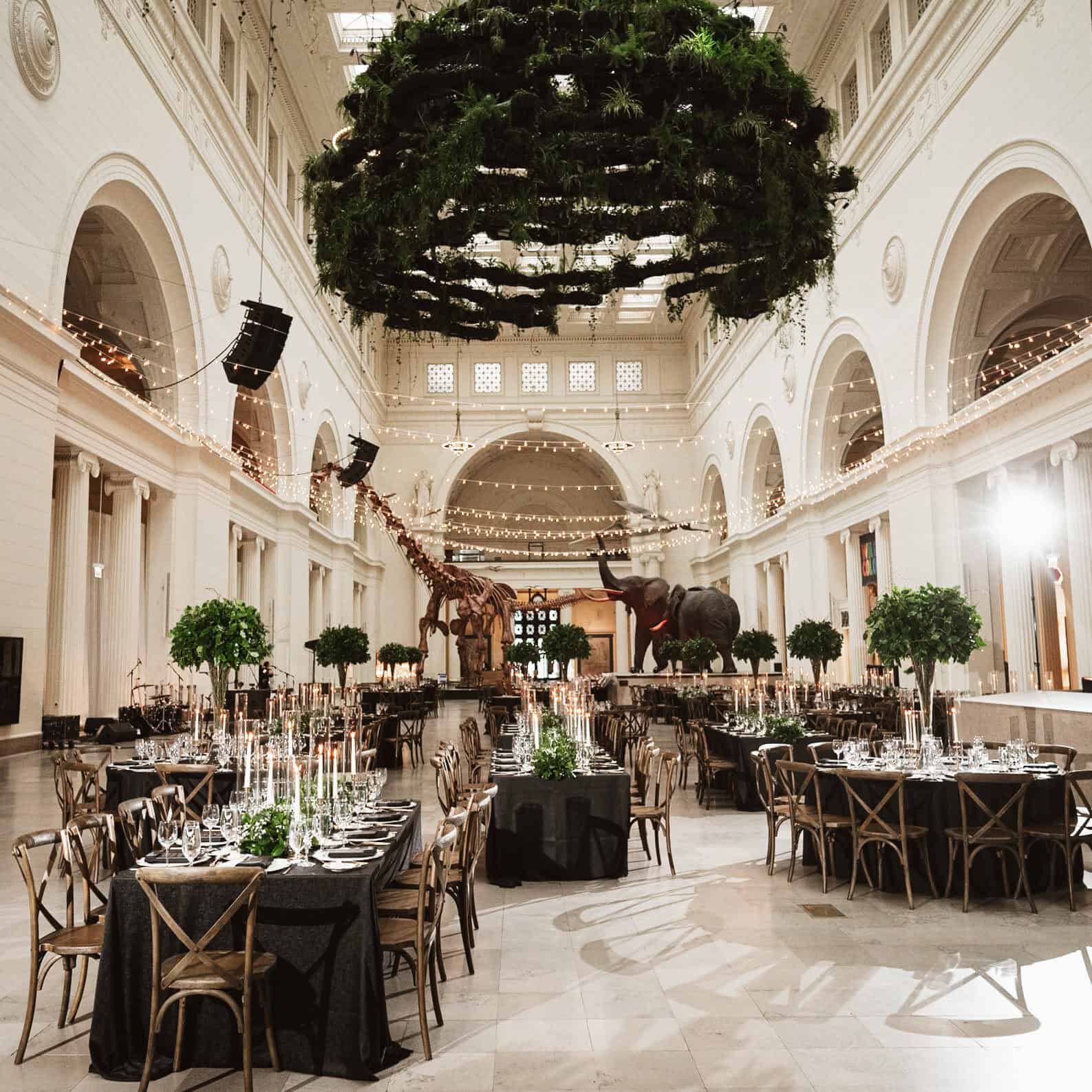 A photo from the reception room in the field museum in Chicago with beautiful tables and table settings